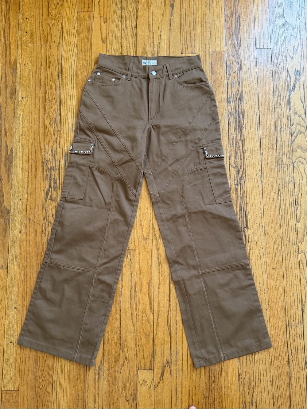 Blumarine Green Brown Boot‑Cut Cargo Pants with Stud Trim